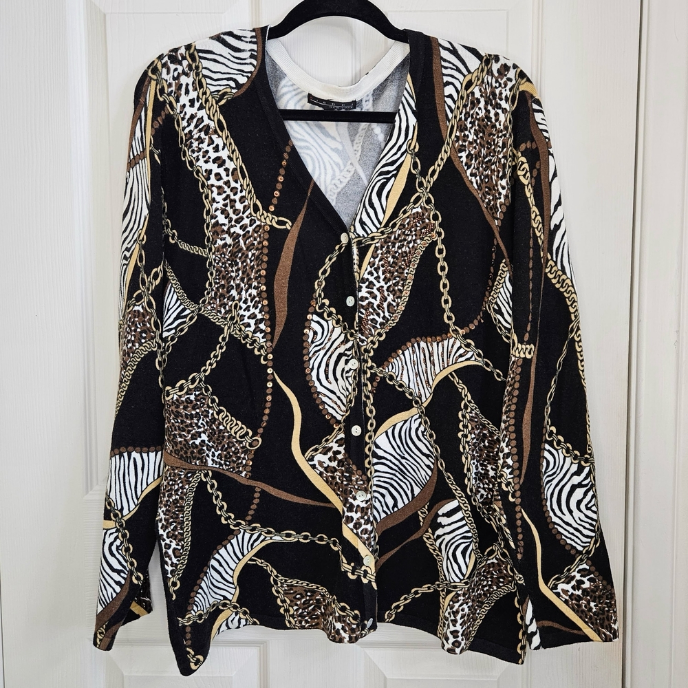 Pierri New York 2X Plus Size Cardigan Animal Leopard Zebra Chain Print Sweater
